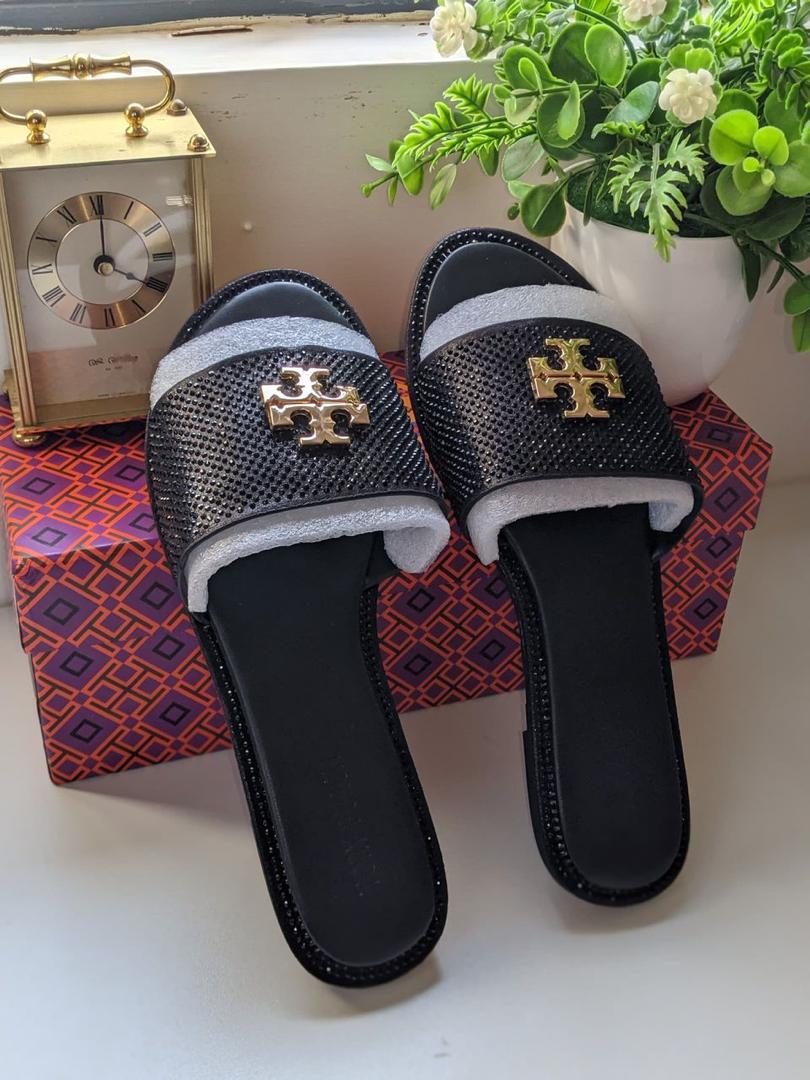 Tory Burch Black Rhinestones Everly Slides originally boxed